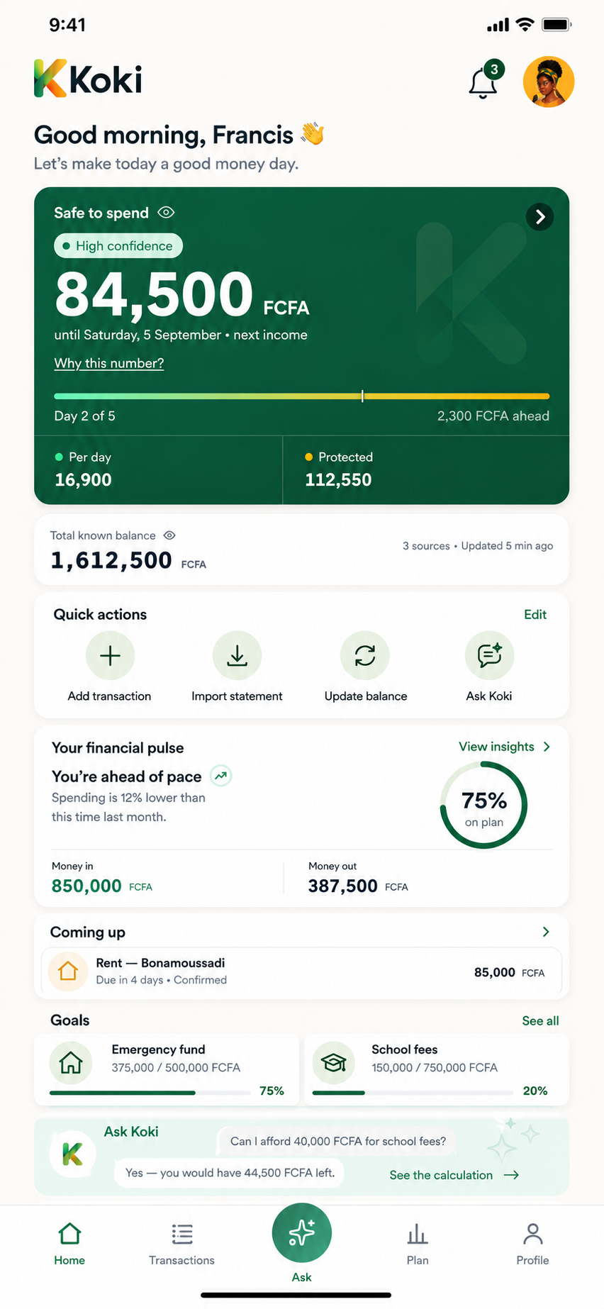 Koki home screen showing an 84,500 FCFA Safe-to-Spend amount